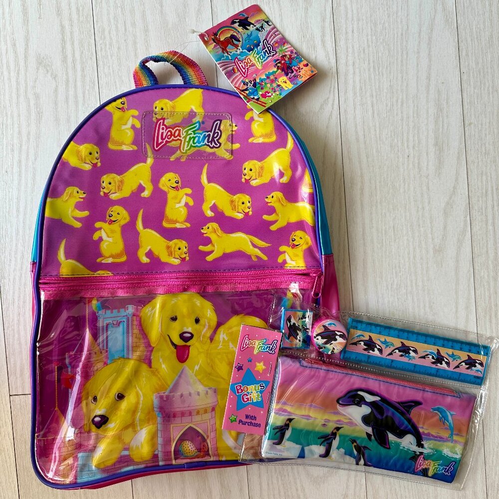 Vintage Lisa Frank Sandcastle Puppies Golden Vinyl Backpack Rare 90s + BONUS!